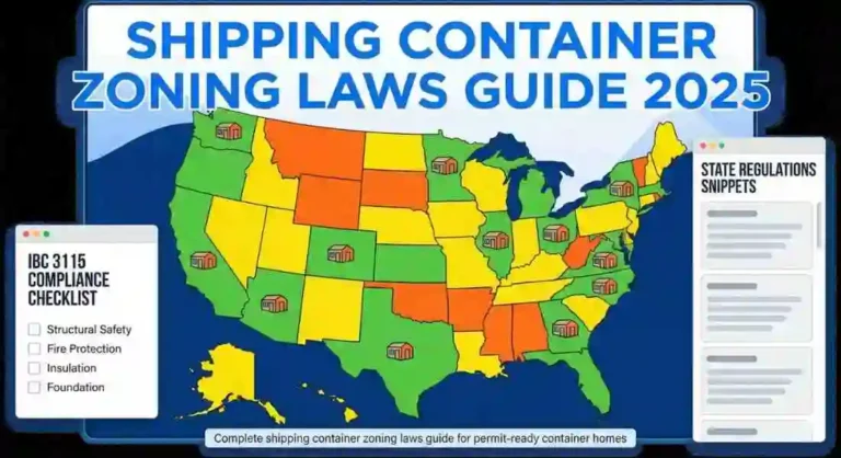 Shipping container zoning laws 2025 map with IBC 3115 compliance checklist and state regulations