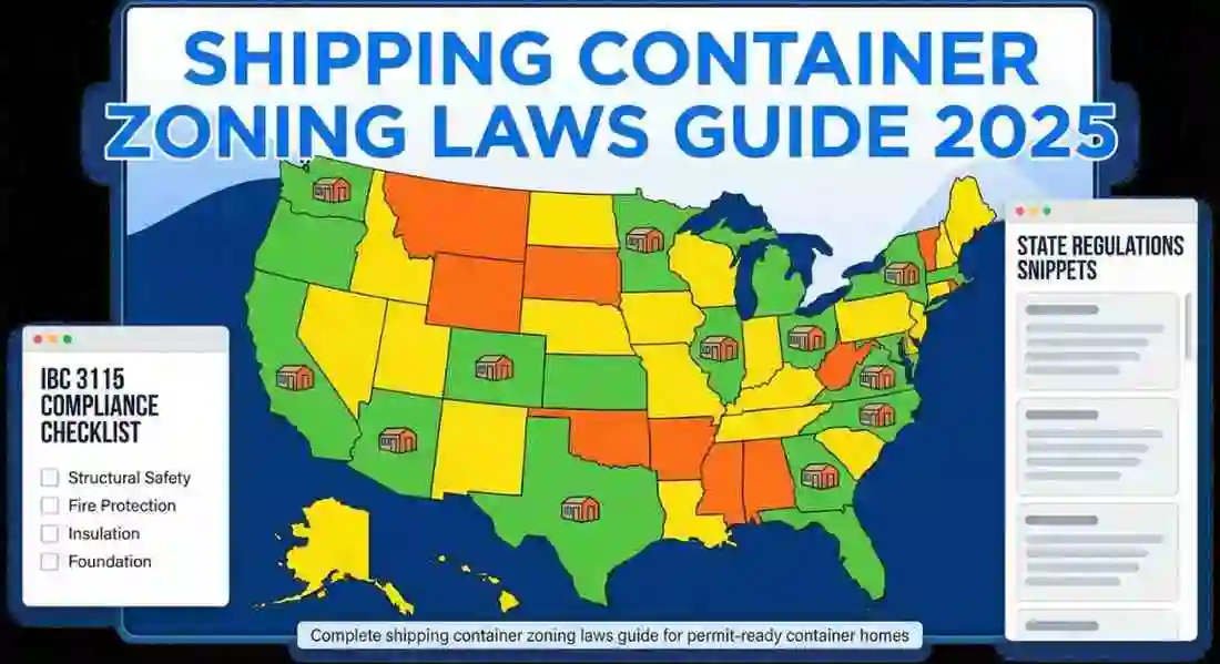 Shipping container zoning laws 2025 map with IBC 3115 compliance checklist and state regulations