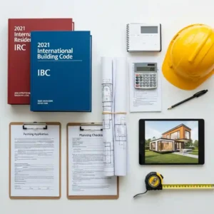 Container home resource guide with building code books, permit documents, and planning checklists on desk