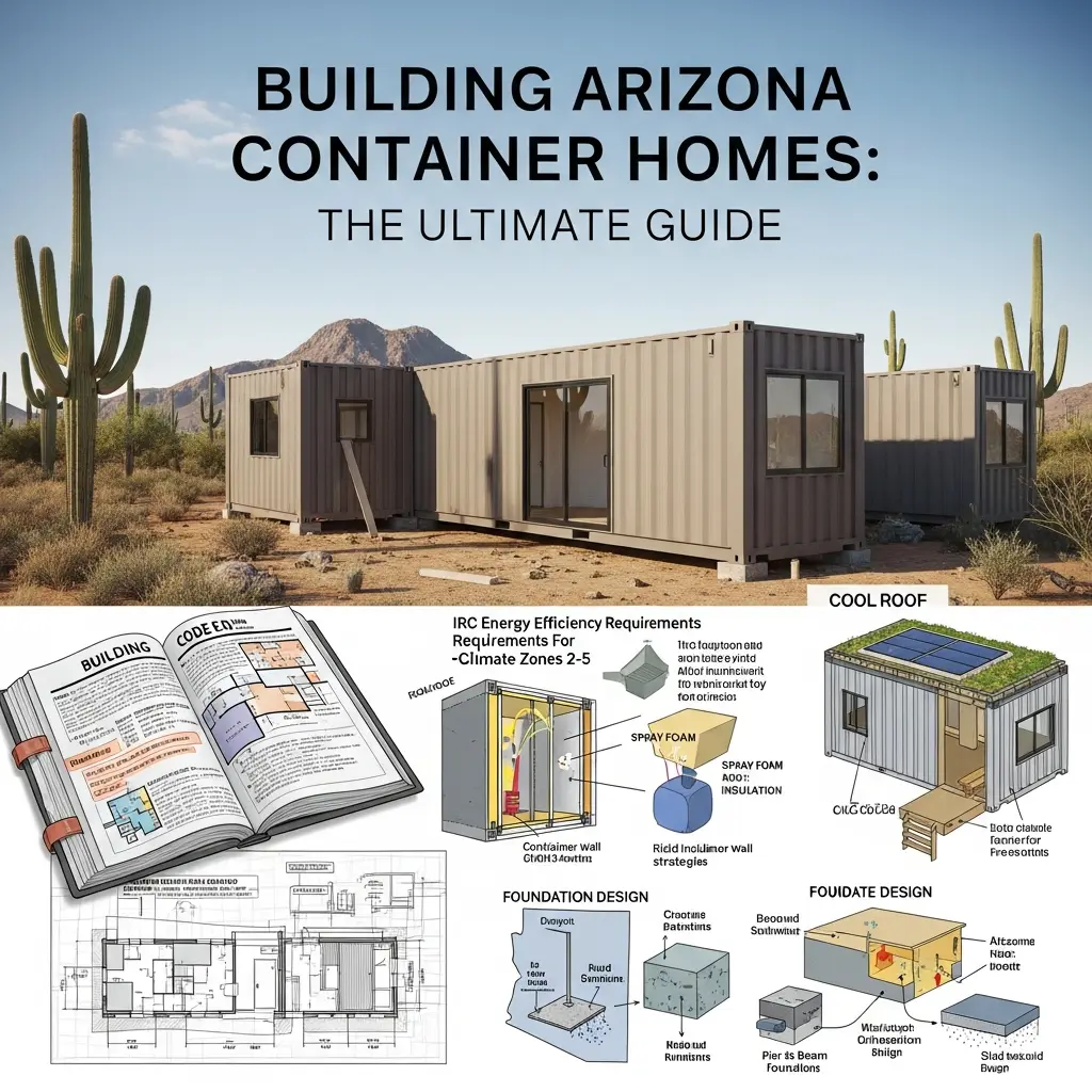 A comprehensive guide to building code-compliant Arizona container homes, detailing insulation, cool roof design, and foundation requirements for the desert climate.
