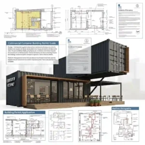 Commercial container building design with IBC 2021 permit documentation and code overlays.