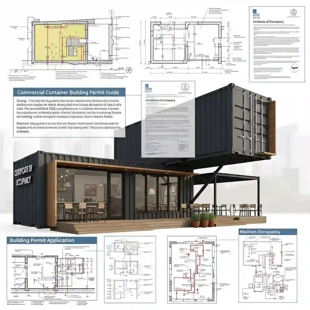 Commercial container building design with IBC 2021 permit documentation and code overlays.