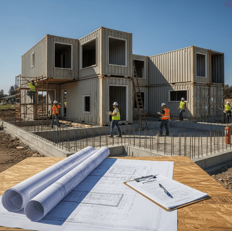 Building a home out of shipping containers - blueprints and construction site