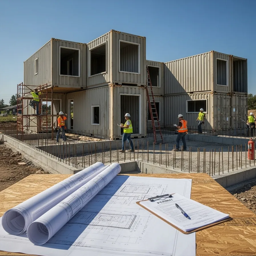 Building a home out of shipping containers - blueprints and construction site