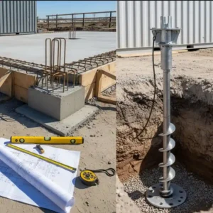 Shipping container home foundation with helical piles and concrete footing options