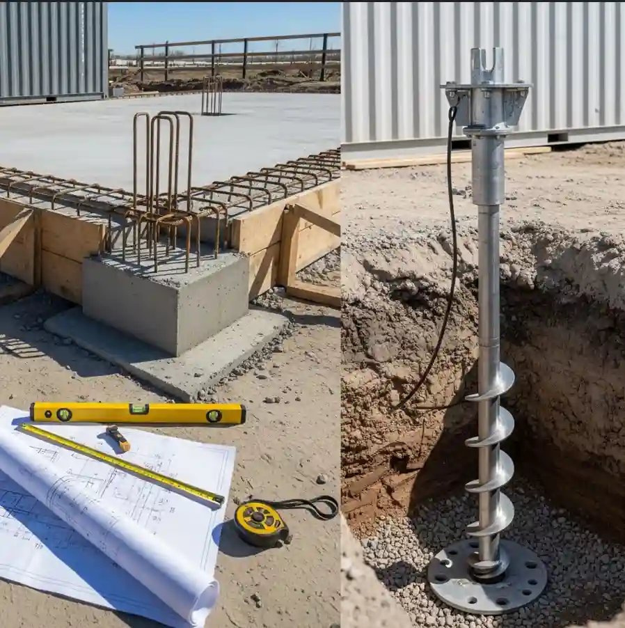 Shipping container home foundation with helical piles and concrete footing options
