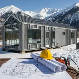 Professional engineer reviewing container home modification plans for Colorado snow loads and insulation codes with structural reinforcement details