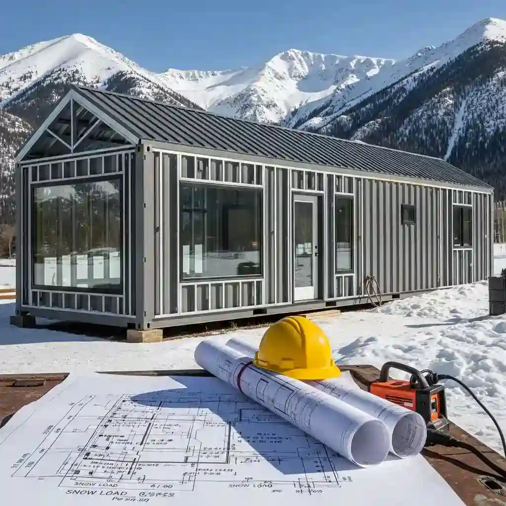 Professional engineer reviewing container home modification plans for Colorado snow loads and insulation codes with structural reinforcement details