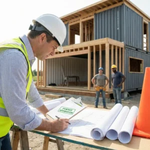 Container home construction with building permits and inspection documents avoiding stop work order