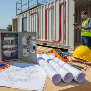 Professional electrical house container planning with load calculation sheets and blueprints
