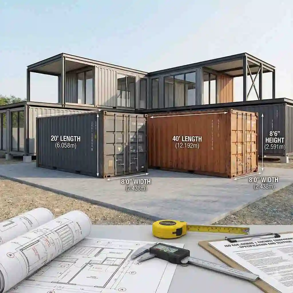 Precise ISO 668 container home dimensions with measuring tape and architectural plans