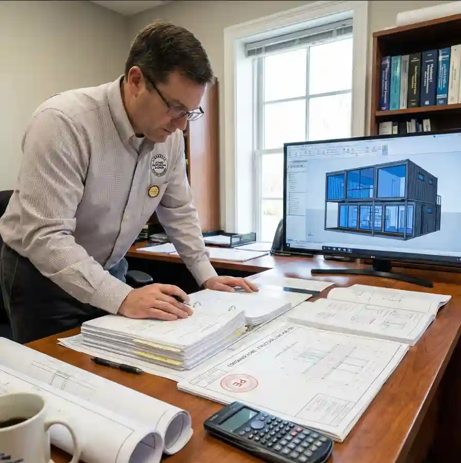 Professional engineer reviewing permit ready structural calculations for shipping container home with blueprints and engineering documents