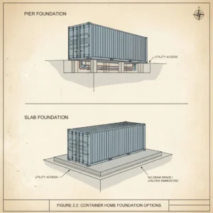 Concrete pier foundation supporting a modern shipping container home