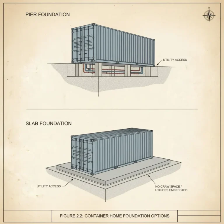 Concrete pier foundation supporting a modern shipping container home