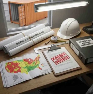 shipping container home zoning laws 2026 permit documents with state map