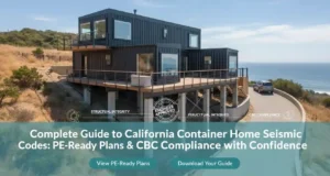 A realistic photograph of a modern, multi-level black container home built into a sun-drenched California hillside overlooking the ocean. The home features extensive decking, large windows, and robust structural supports visible underneath, implying seismic readiness. A paved driveway leads to a parking area where a car is visible, ensuring practical access. An 'ENGINEER APPROVED' stamp and subtle structural integrity graphics are overlaid, reinforcing the guide's focus. The title 'Complete Guide to California Container Home Seismic Codes: PE-Ready Plans & CBC Compliance with Confidence' is displayed, representing a comprehensive resource for building earthquake-resistant container homes in California.