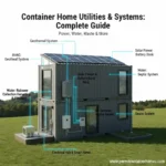Diagram of a modern container home illustrating key utility systems: solar power with battery bank, geothermal HVAC, rainwater harvesting, on-demand water heater, and septic waste system. This visual guide covers plumbing, electrical, HVAC, and off-grid solutions for a 2025 container home, provided by PermitContainerHomes.com