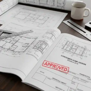 A detailed set of permit ready container home plans spread out on a desk, showing architectural, structural, and electrical pages, with a red "Approved" stamp.