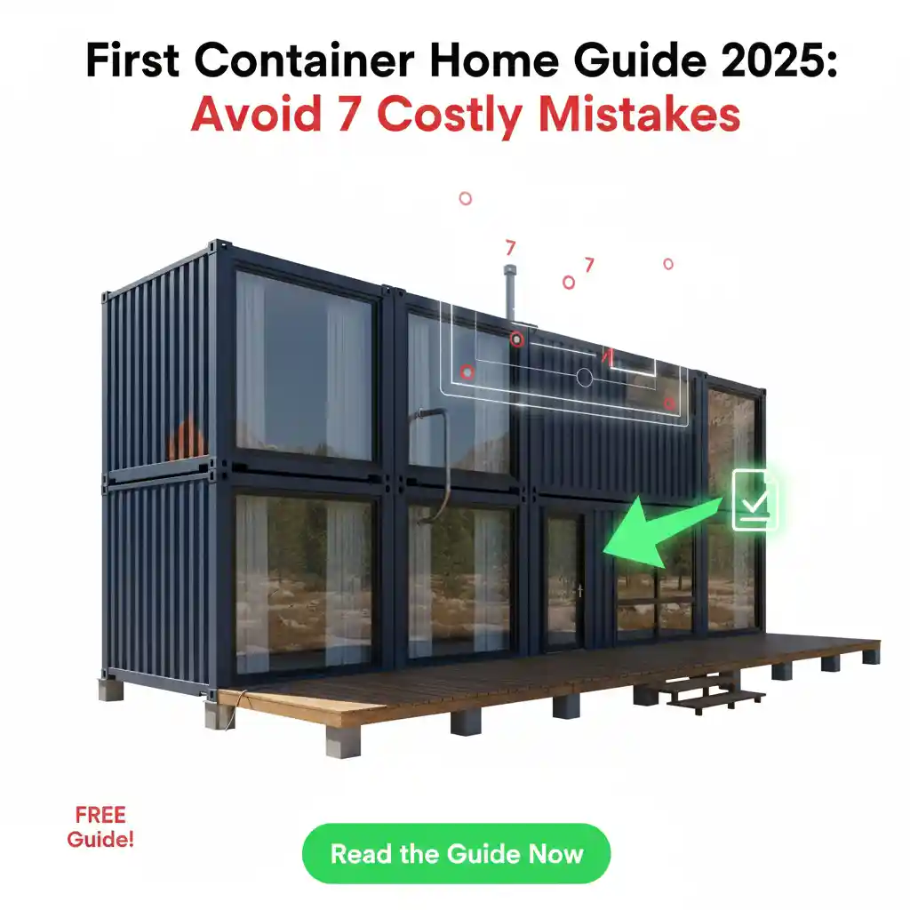 A photorealistic, modern two-story container home on a white background with a large wooden deck. An overlay features the title 'First Container Home Guide 2025: Avoid 7 Costly Mistakes' in bold text. A diagram with circled numbers (1-7) highlights potential problem areas on the container structure, with a green arrow pointing towards a checkmark icon, symbolizing guidance and successful completion. A 'FREE Guide!' badge and 'Read the Guide Now' button are also visible, representing a comprehensive resource for new container home builders.