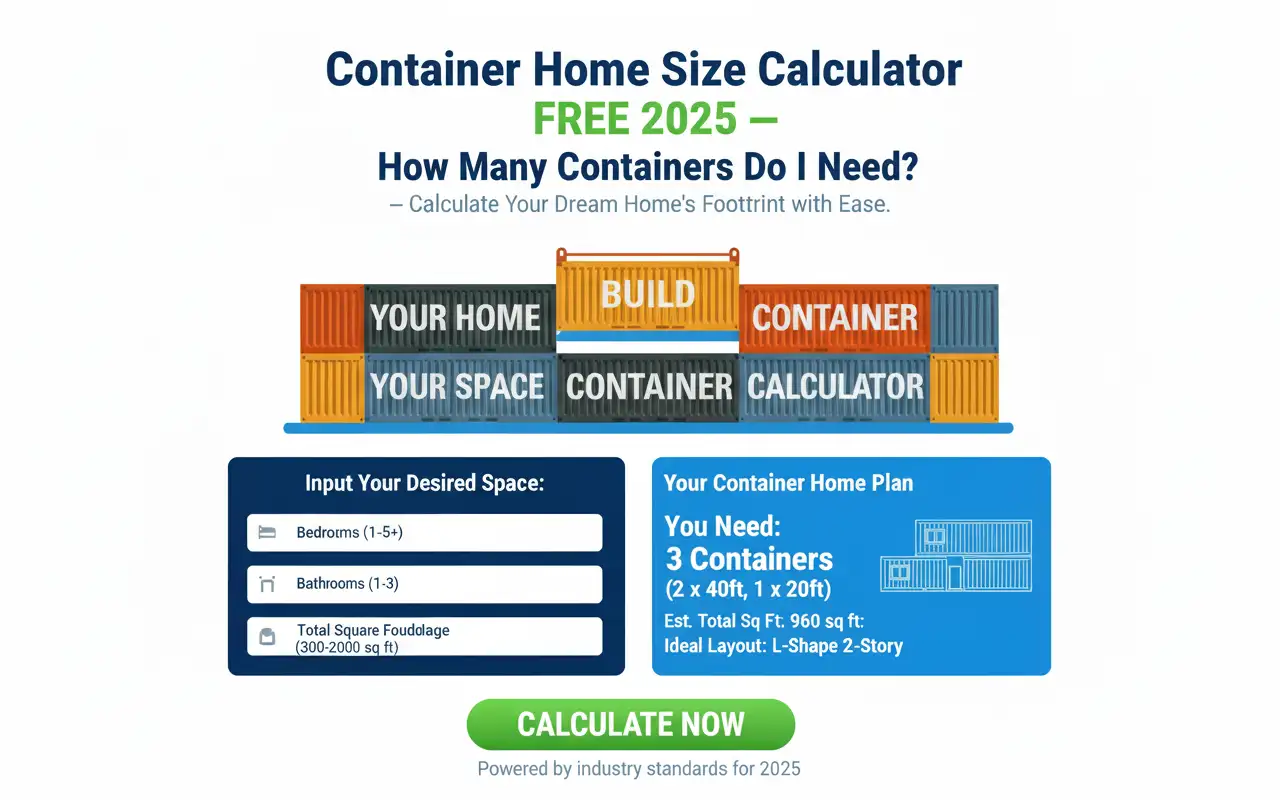 Graphic of a 'Container Home Size Calculator FREE 2025' with stacked shipping containers spelling out 'YOUR HOME BUILD YOUR SPACE CONTAINER CALCULATOR'. Below, an input panel asks for desired bedrooms, bathrooms, and square footage, while an output panel shows 'You Need: 3 Containers (2x 40ft, 1x 20ft)' along with estimated square footage and ideal layout. A 'CALCULATE NOW' button is prominent on a white background, representing a tool to determine how many containers are needed for a container home.