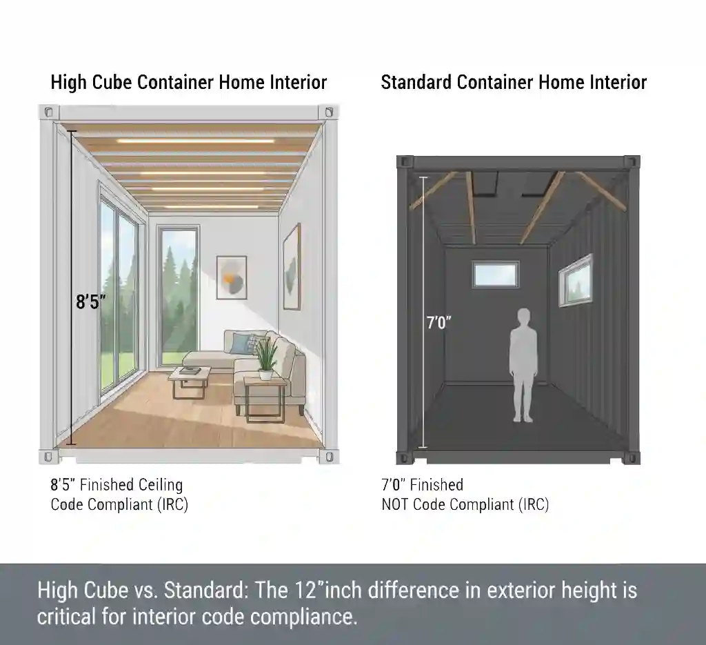 A clear comparison showing the interior of a high cube container home with a tall 8.5-foot finished ceiling next to a standard container with a low, 7-foot ceiling, illustrating the difference in comfort and code compliance.