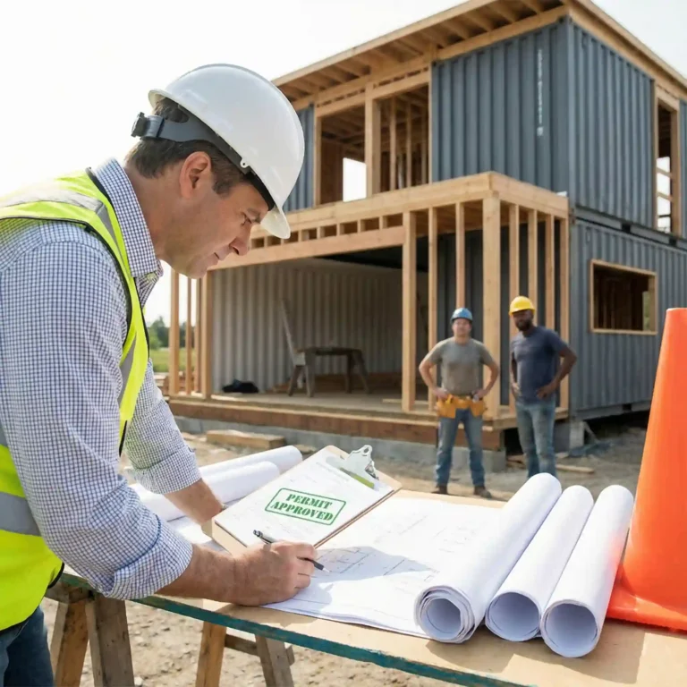 Container home construction with building permits and inspection documents avoiding stop work order