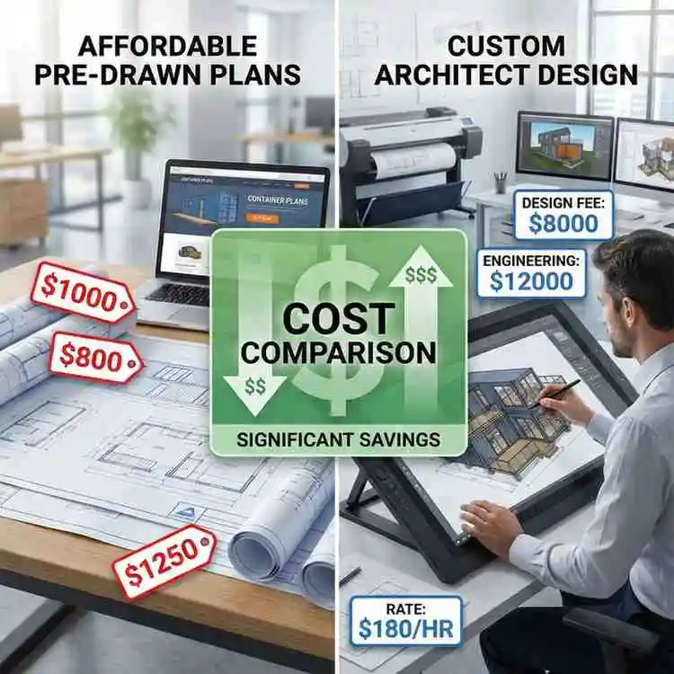 Professional comparing plan cost vs architect cost for shipping container home with blueprints and calculator